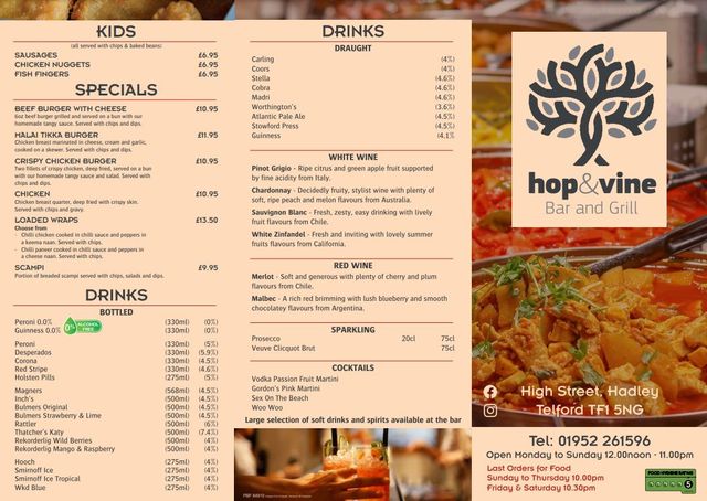 Hop and Vine menu 2023